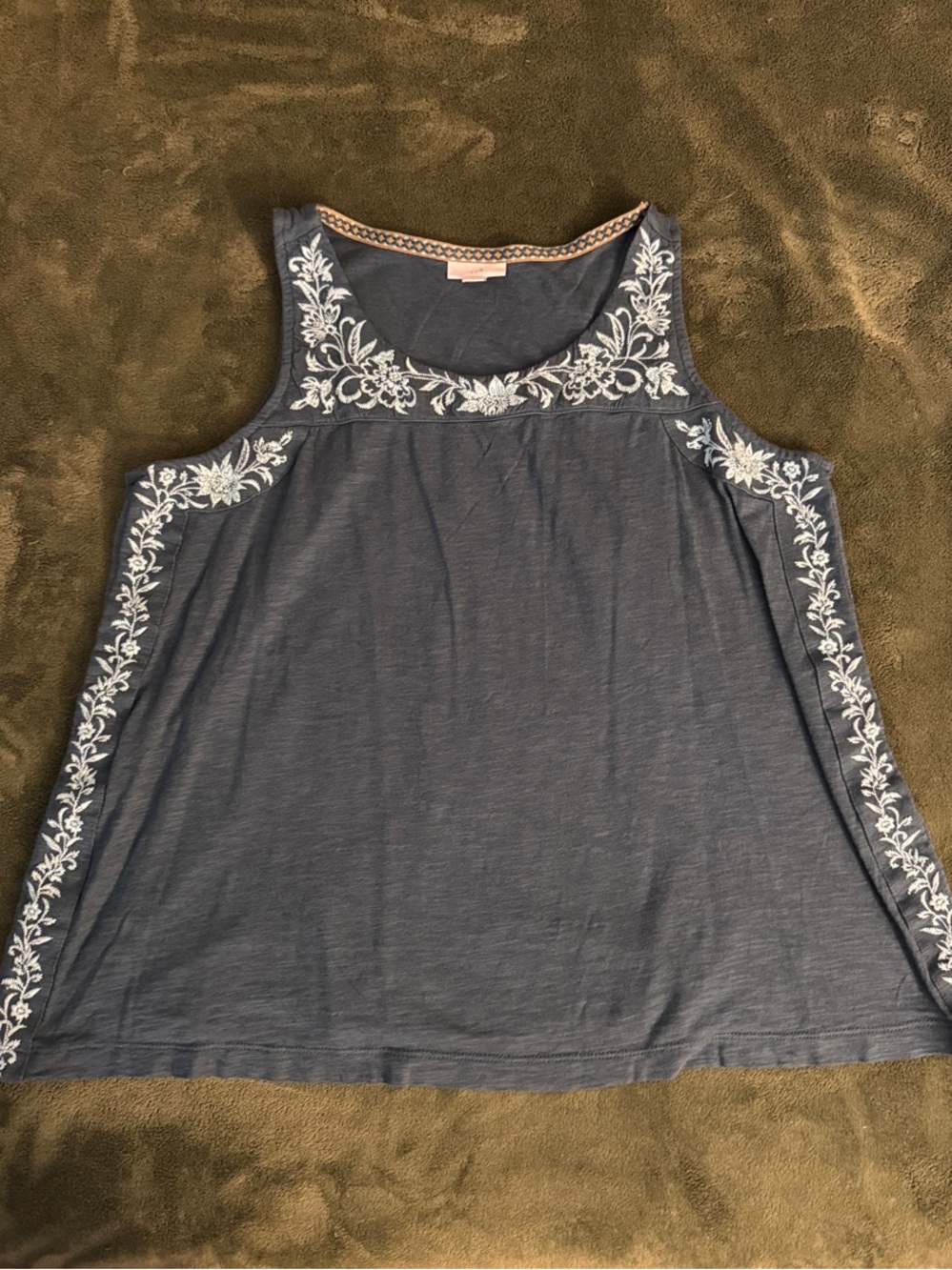 J. Jill Blue Tank Top with White Floral Embroidery